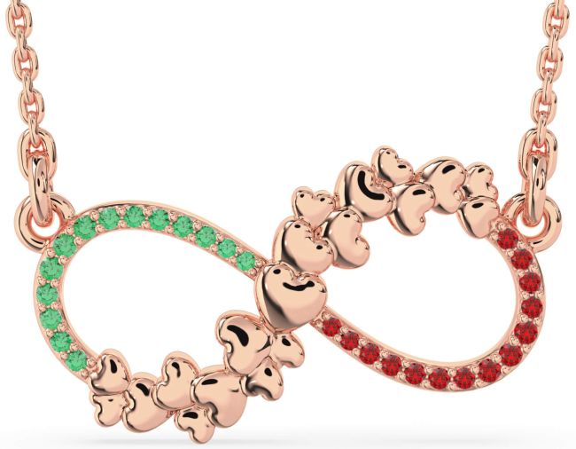 Large Emerald & Ruby Rose Gold Infinity Heart Necklace