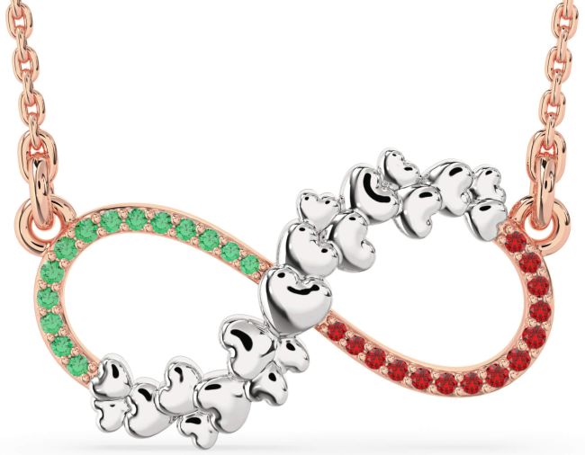 Large Emerald & Ruby Rose Gold Silver Infinity Heart Necklace