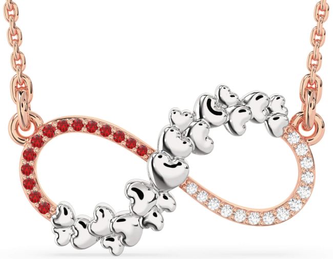 Large Diamond & Ruby Rose Gold Silver Infinity Heart Necklace