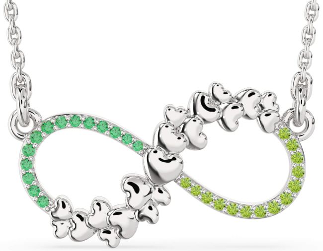 Large Emerald & Peridot Silver Infinity Heart Necklace