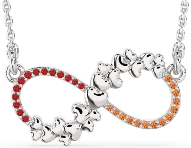 Large Ruby & Citrine Silver Infinity Heart Necklace