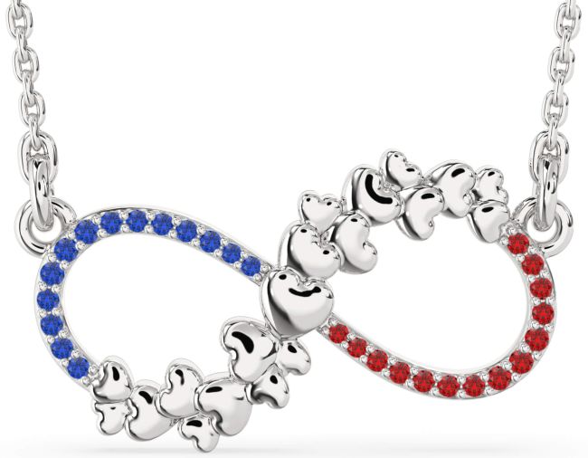 Large Blue Sapphire & Ruby Silver Infinity Heart Necklace