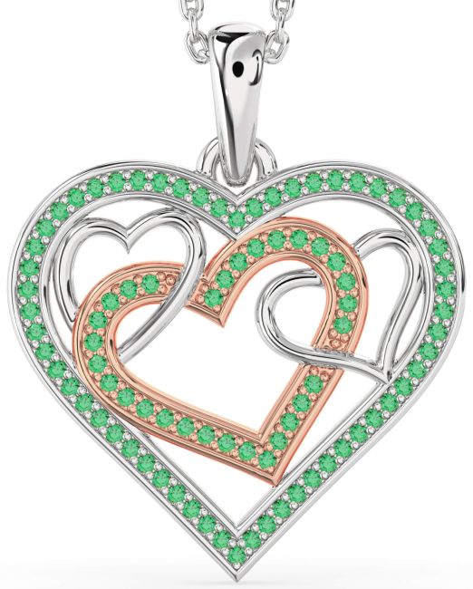 Emerald Platinum & Rose Gold Heart Necklace