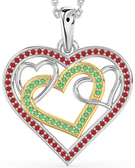 Emerald & Ruby Platinum & Yellow Gold Heart Necklace