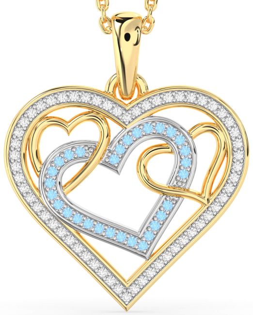 Diamond & Aquamarine White Yellow Gold Heart Necklace