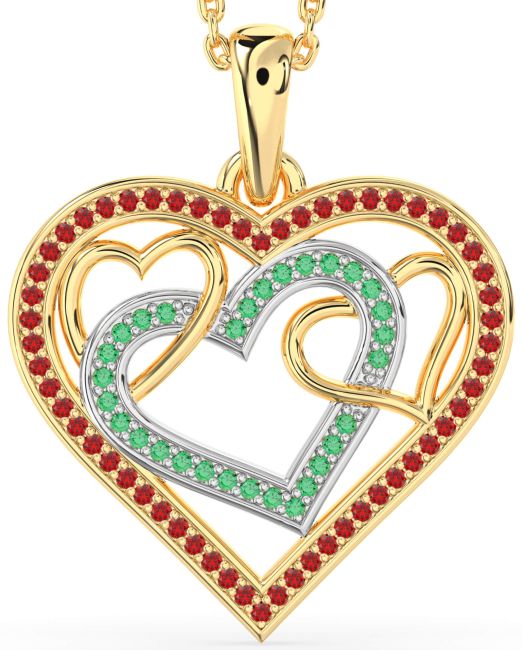Emerald & Ruby Platinum & Yellow Gold Heart Necklace