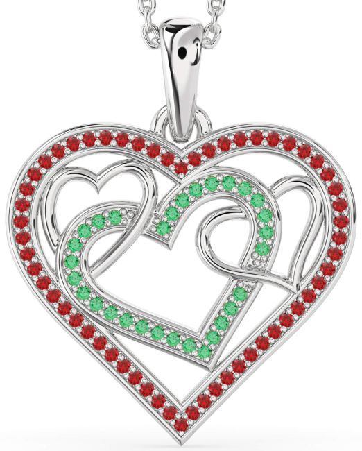 Emerald & Ruby Silver Heart Necklace