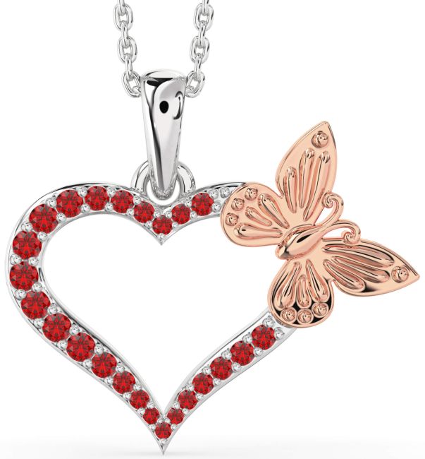 Large Ruby Rose Gold Silver Heart Butterfly Necklace