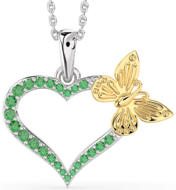 Large Emerald Gold Silver Heart Butterfly Necklace