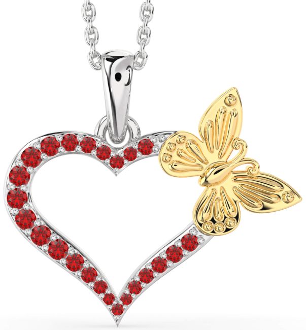 Large Ruby Gold Silver Heart Butterfly Necklace