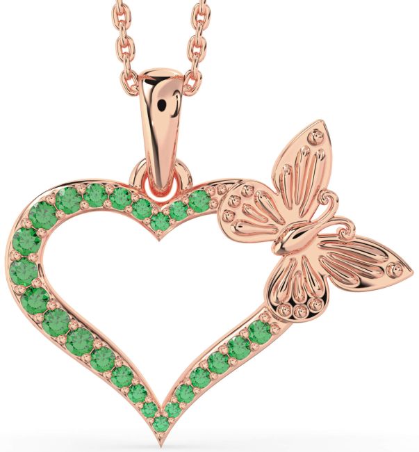 Large Emerald Rose Gold Heart Butterfly Necklace