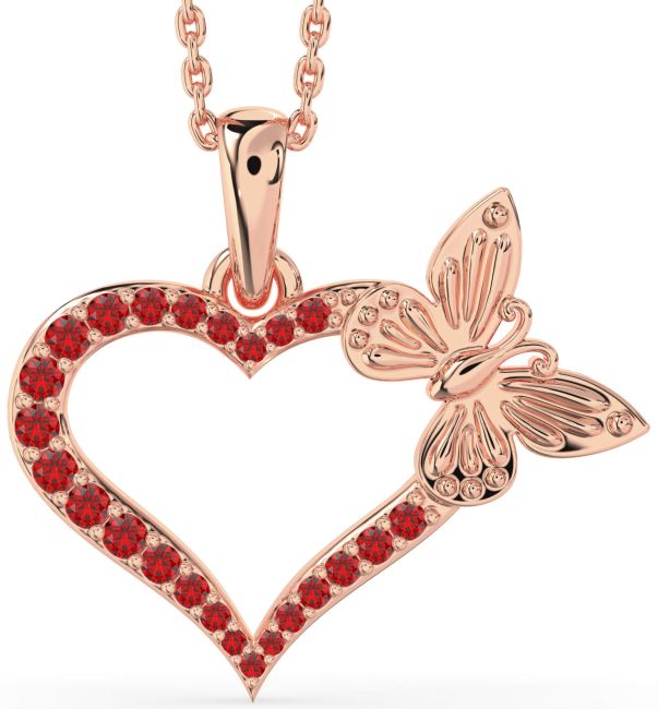 Large Ruby Rose Gold Heart Butterfly Necklace