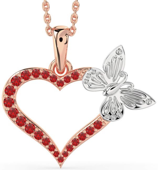 Large Ruby Rose Gold Silver Heart Butterfly Necklace