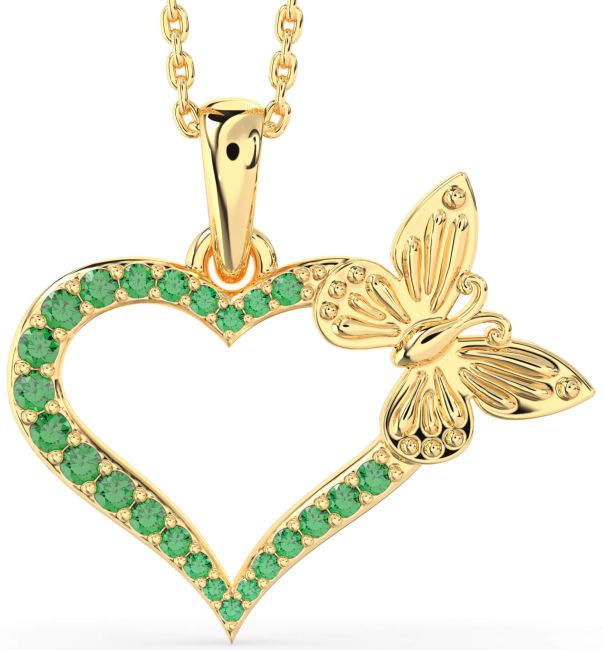 Large Emerald Gold Heart Butterfly Necklace