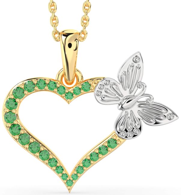 Large Emerald Gold Silver Heart Butterfly Necklace