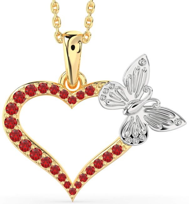 Large Ruby Gold Silver Heart Butterfly Necklace