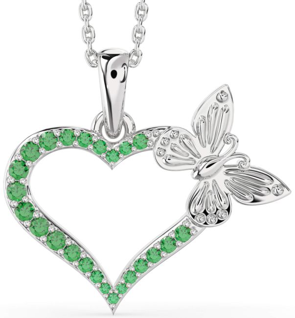 Large Emerald Silver Heart Butterfly Necklace