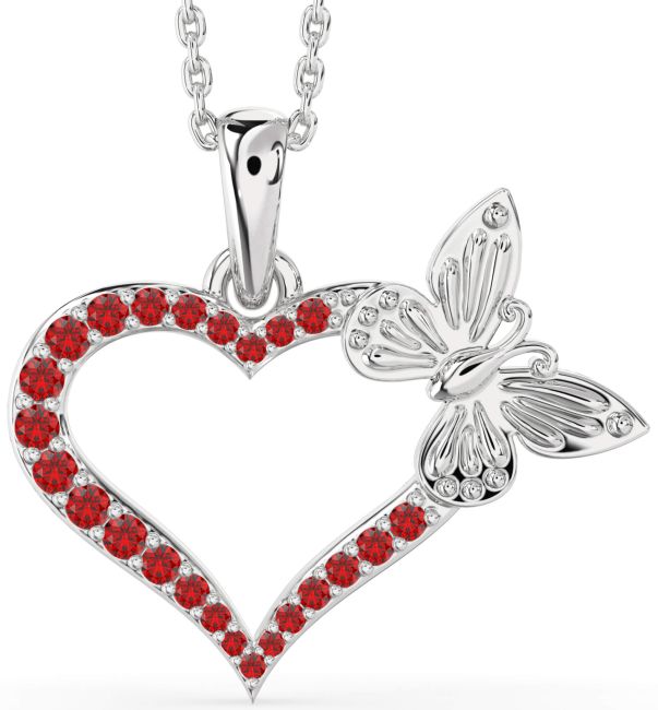 Large Ruby Silver Heart Butterfly Necklace