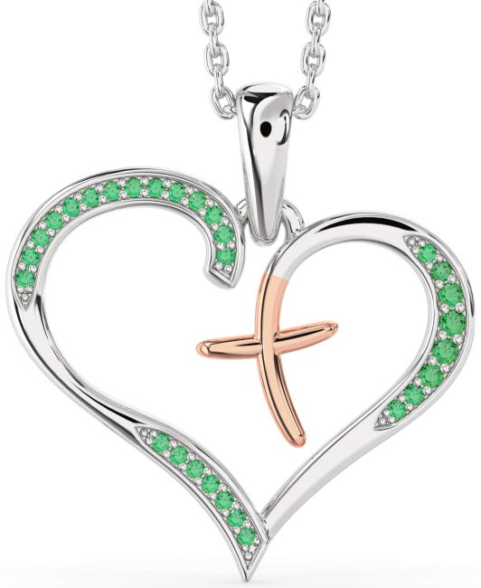 Large Emerald Rose Gold Silver Heart Cross Necklace