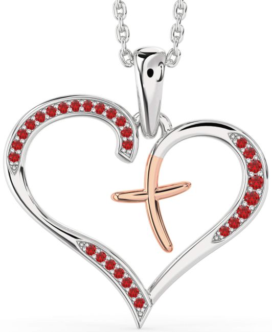 Large Ruby Rose Gold Silver Heart Cross Necklace