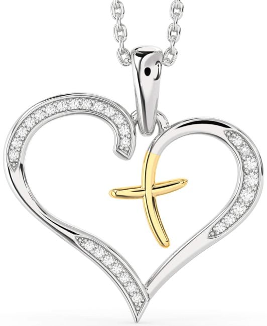 Large Diamond White Yellow Gold Heart Cross Necklace