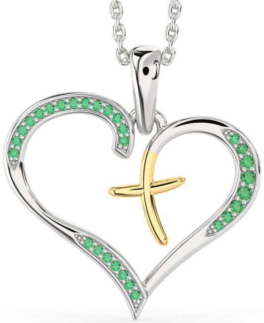 Large Emerald Gold Silver Heart Cross Necklace