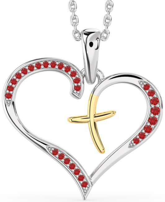 Large Ruby Gold Silver Heart Cross Necklace