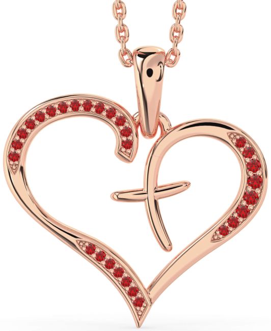 Large Ruby Rose Gold Heart Cross Necklace