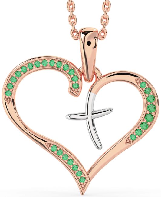 Large Emerald Rose Gold Silver Heart Cross Necklace