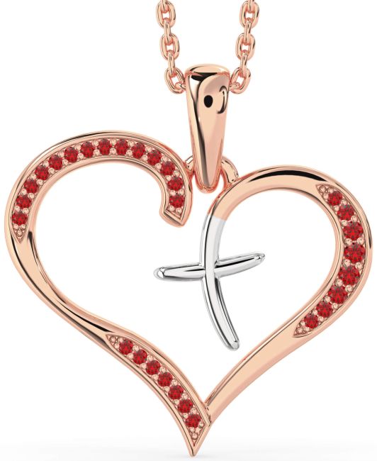 Large Ruby Rose Gold Silver Heart Cross Necklace