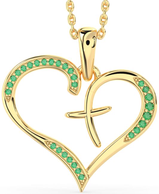 Large Emerald Gold Heart Cross Necklace