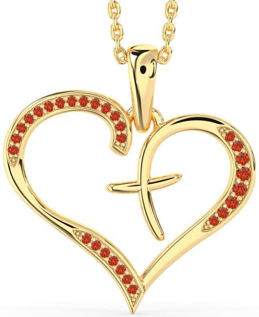 Large Fire Opal Gold Heart Cross Necklace
