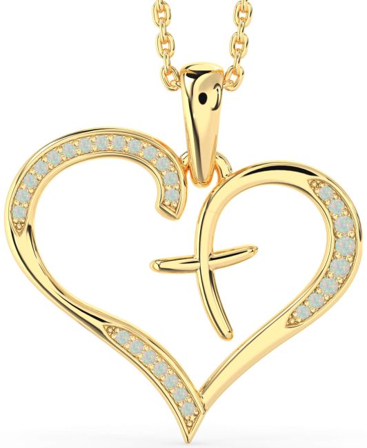 Large Opal Gold Heart Cross Necklace