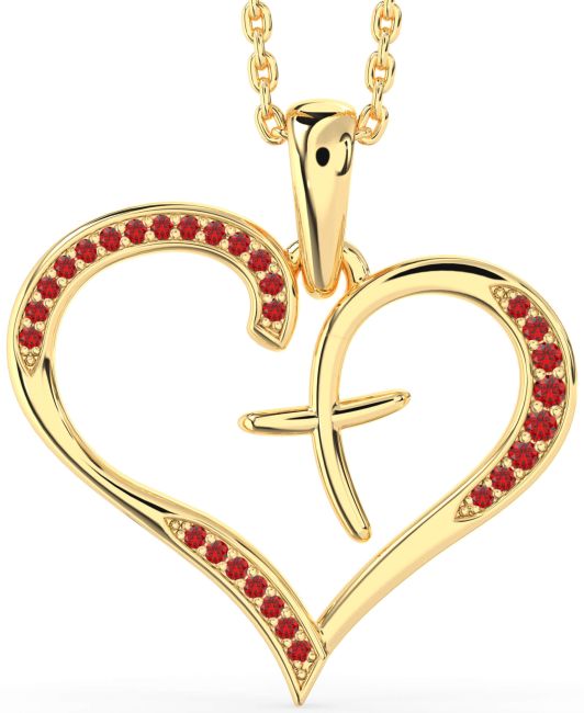 Large Ruby Gold Heart Cross Necklace