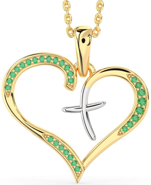 Large Emerald Gold Silver Heart Cross Necklace