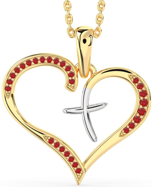 Large Ruby Gold Silver Heart Cross Necklace