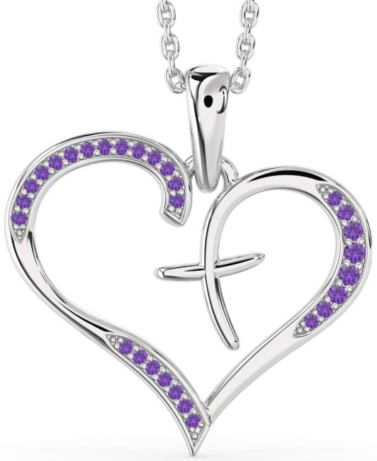 Large Amethyst Silver Heart Cross Necklace
