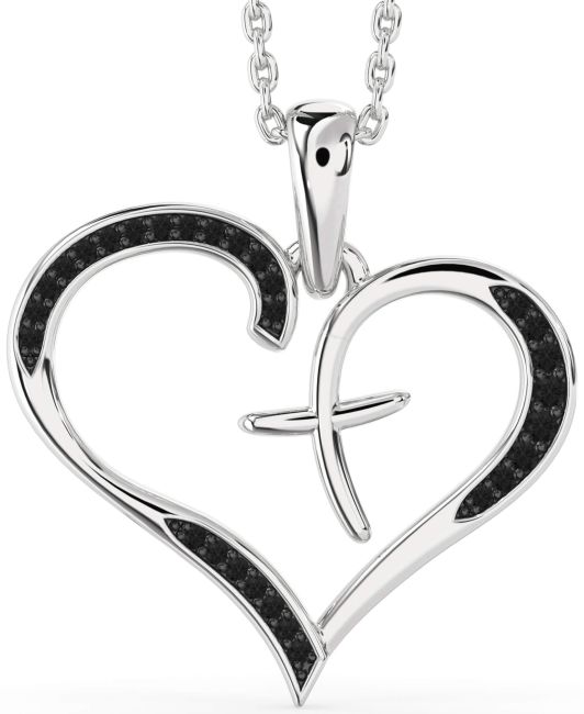Large Black Diamond Silver Heart Cross Necklace