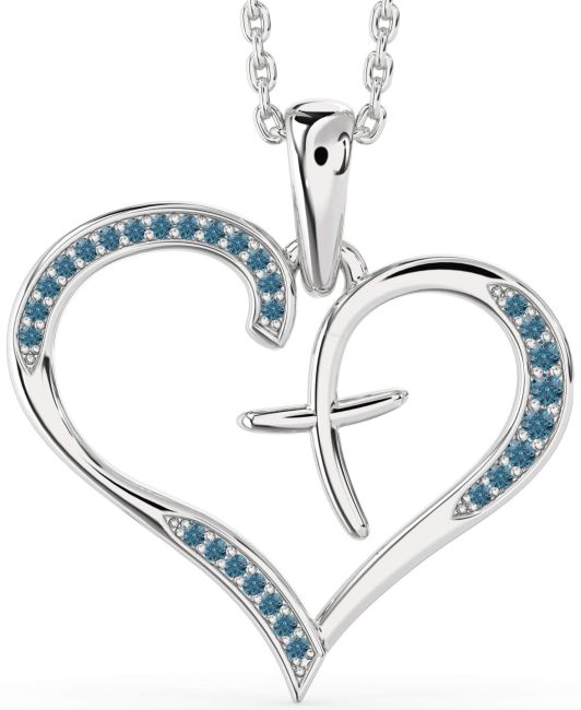 Large Blue Diamond Silver Heart Cross Necklace