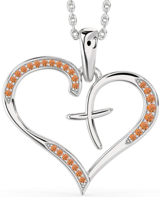 Large Citrine Silver Heart Cross Necklace