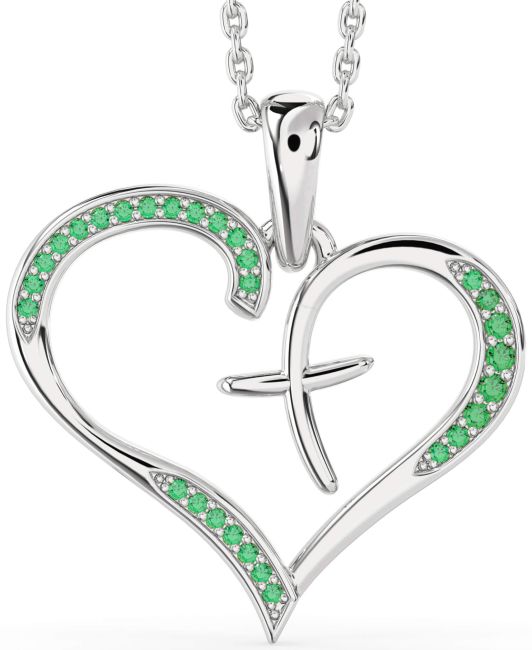 Large Emerald Silver Heart Cross Necklace