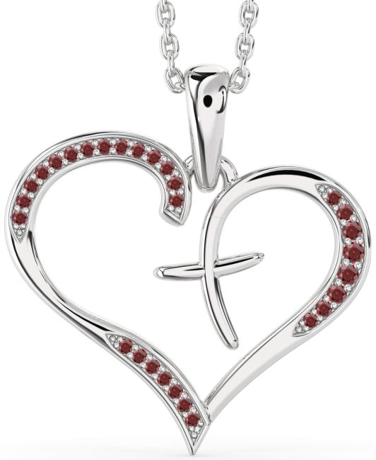 Large Garnet Silver Heart Cross Necklace