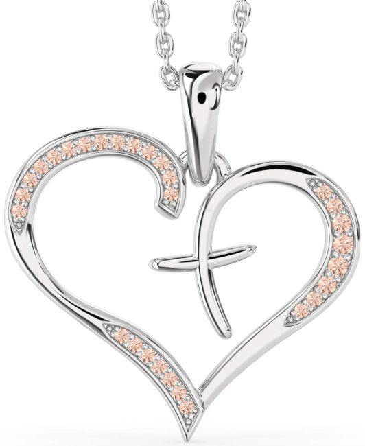 Large Morganite Silver Heart Cross Necklace