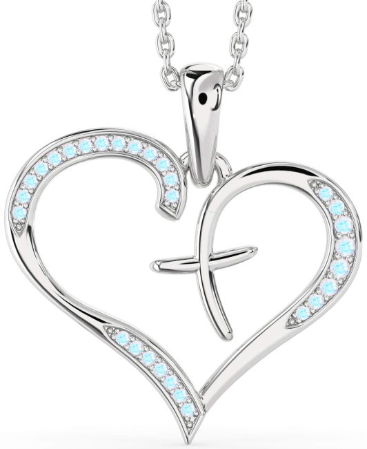 Large Moonstone Silver Heart Cross Necklace