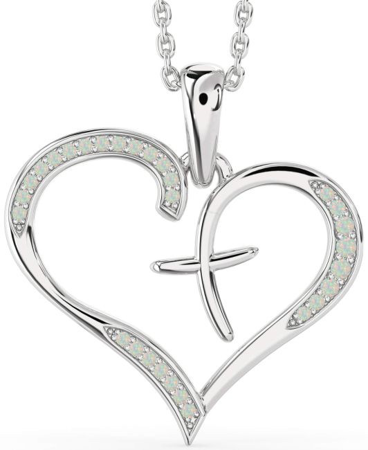 Large Opal Silver Heart Cross Necklace