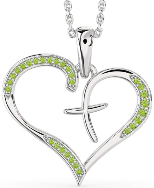 Large Peridot Silver Heart Cross Necklace
