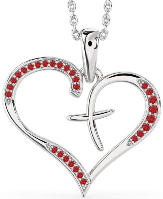 Large Ruby Silver Heart Cross Necklace