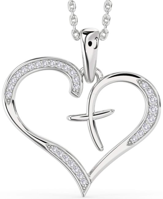 Large Salt & Pepper Diamond Silver Heart Cross Necklace