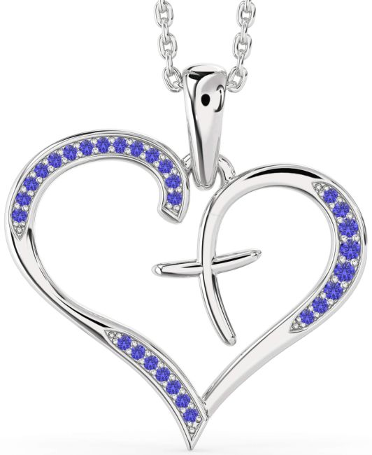 Large Tanzanite Silver Heart Cross Necklace