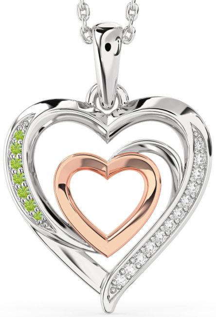 Diamond & Peridot White Rose Gold Heart Necklace